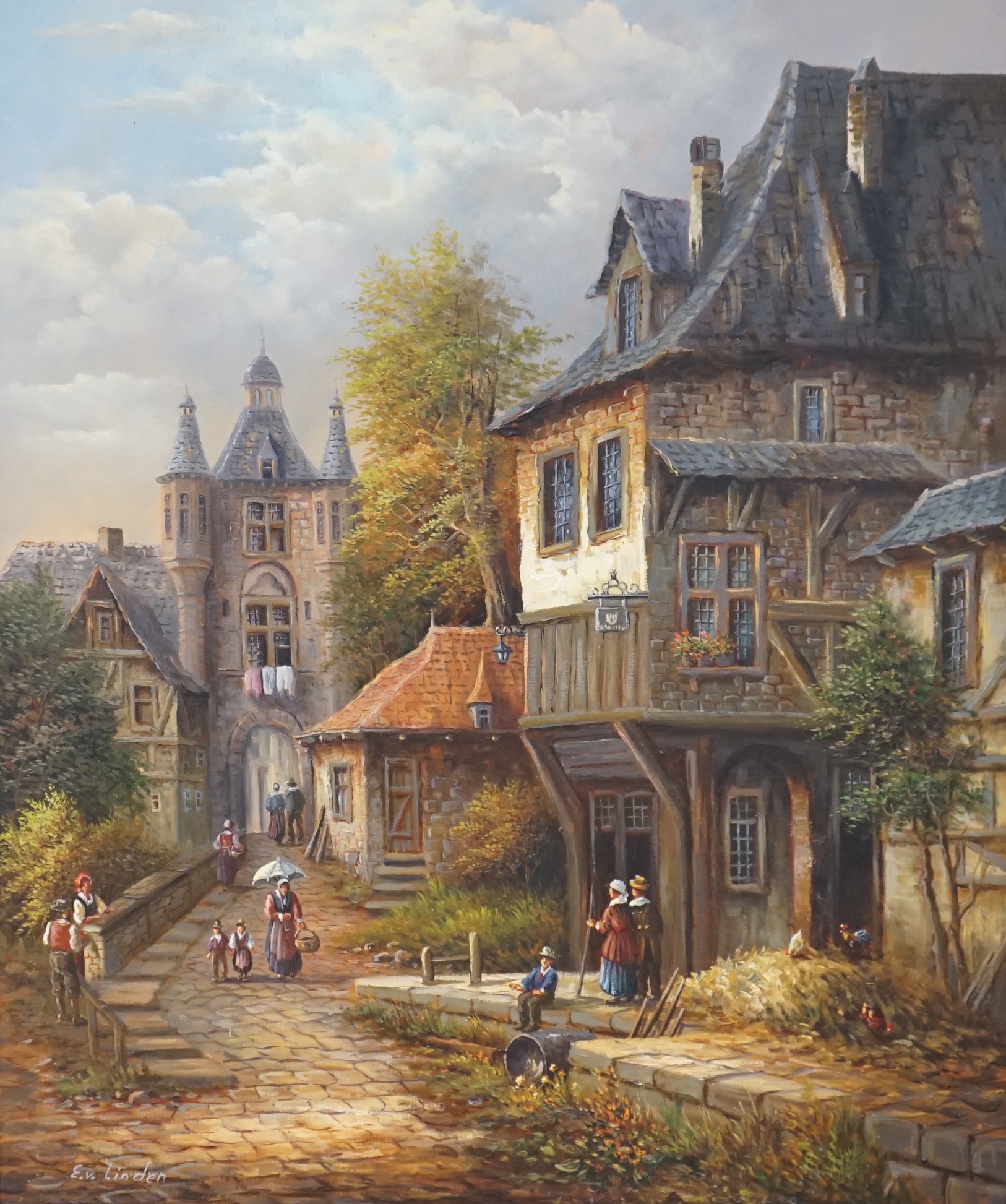 E.Van Linden, oil on canvas, Austrian street scene with figures, signed, 59 x 49cm, ornate gilt frame